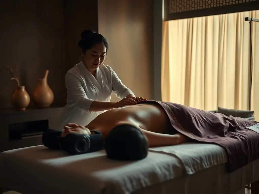 An image of a therapist performing Thai massage on a client in a serene spa room with soft lighting and calming decor.