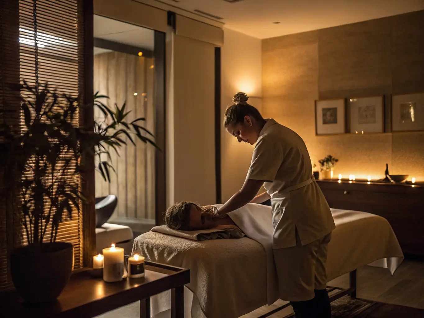 A photo showing two therapists working in sync on a client, with a tranquil spa setting in the background.