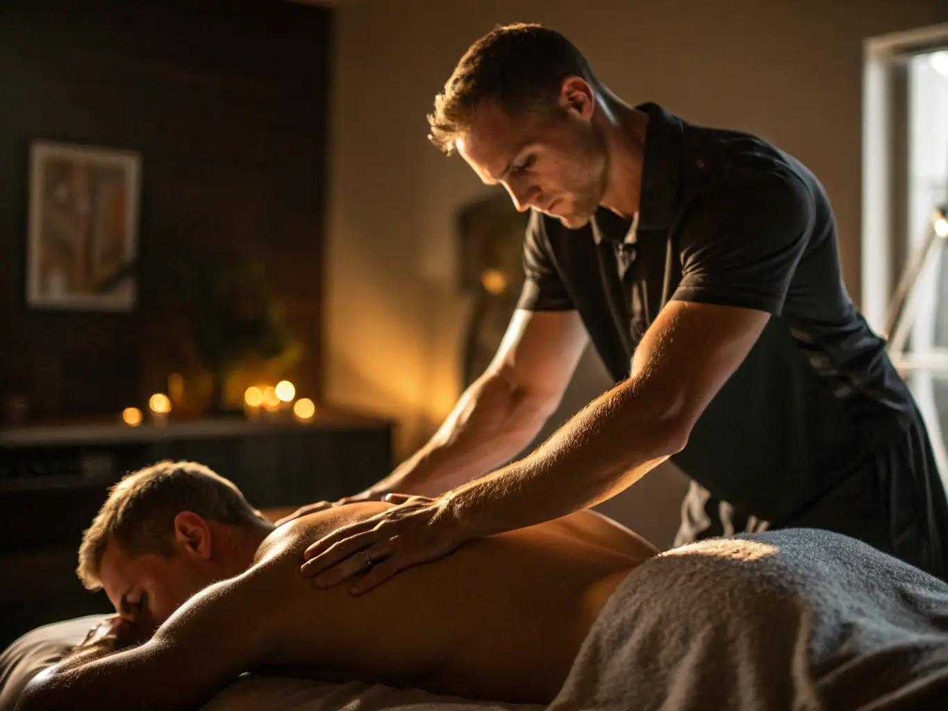 An image of a therapist applying deep pressure on a client's back, with focus on muscle groups and therapeutic tools nearby.